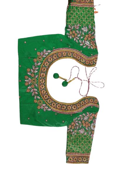 Green Silk Saree Blouse With Embroidery Work