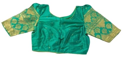 Green Banarasi Silk Blouse With Golden Zari Embroidery Green Banarasi Silk Blouse With Golden Zari Embroidery