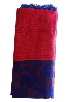 Red and Blue Silk Saree with Floral Brocade and Tassels Red and Blue Silk Saree with Floral Brocade and Tassels