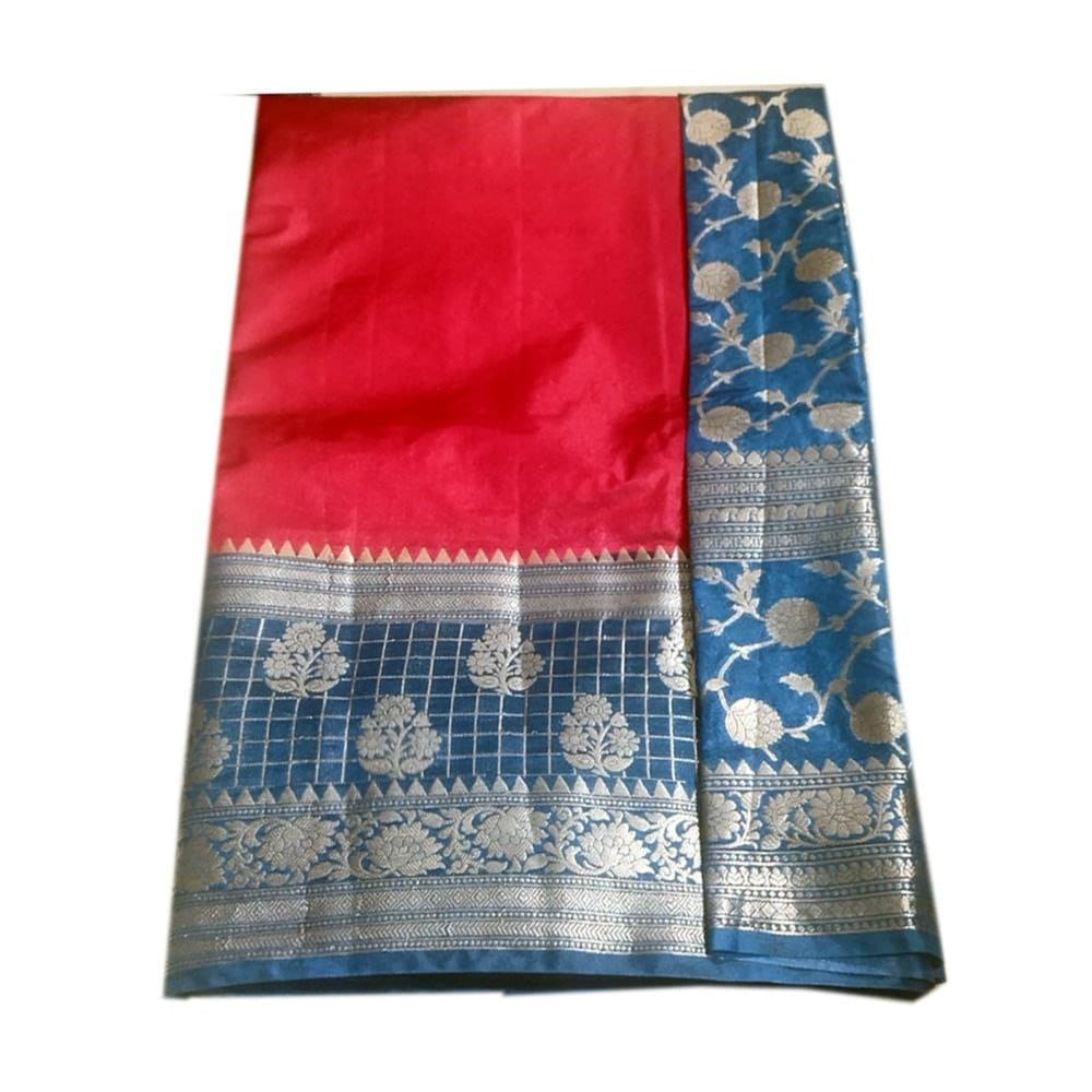 Red and Blue Banarasi Silk Saree With Silver Zari Border