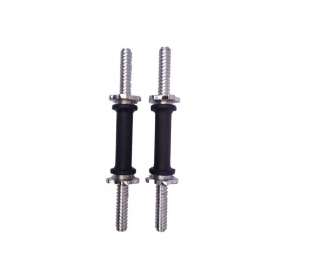 A pair of 15-inch, 1-inch diameter, steel, rubber-coated, weightlifting barbells with a 1-inch diameter hole for attaching weight plates.