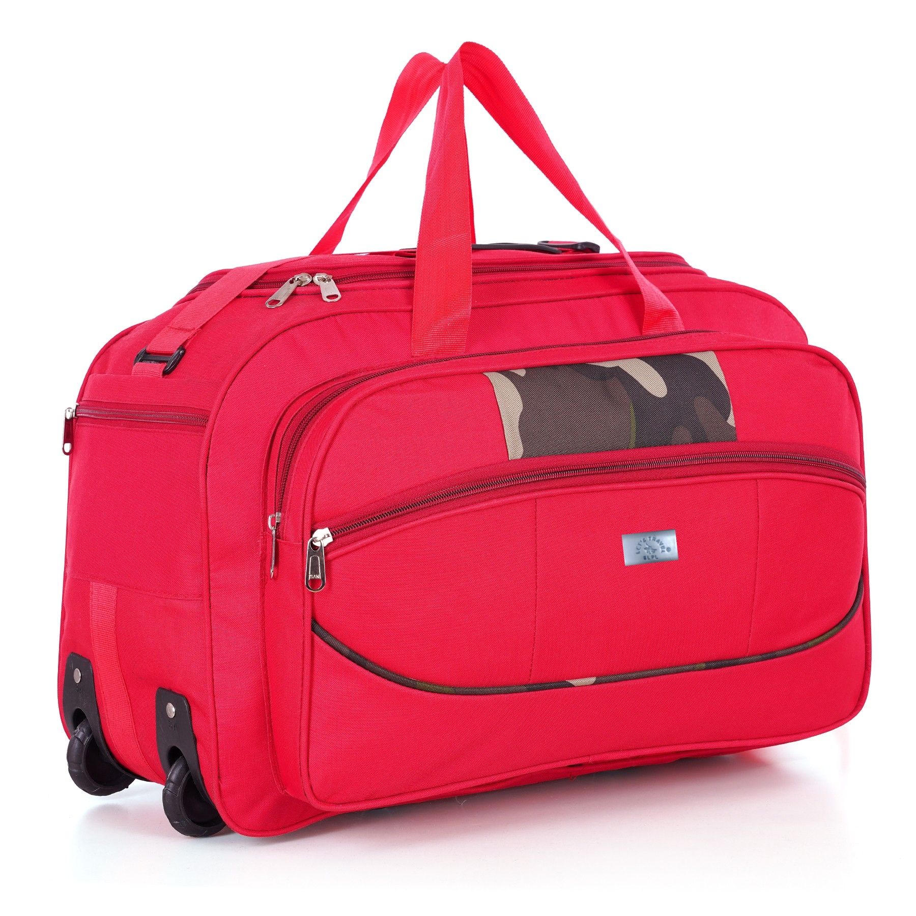 Red Wheeled Duffel Bag with Camo Detail