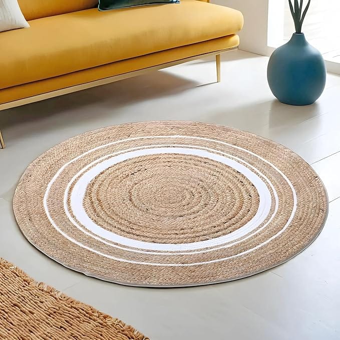 Natural Jute Rug with White Stripes, Round Area Rug for Living Room, Bedroom, Kitchen,