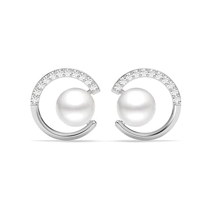 Freshwater Cultured Pearl and Diamond Circle Stud Earrings in 14K White Gold Freshwater Cultured Pearl and Diamond Circle Stud Earrings in 14K White Gold