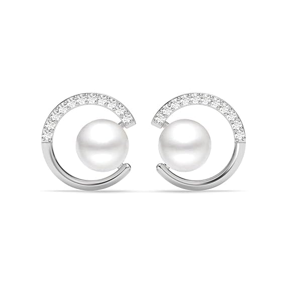 Freshwater Cultured Pearl and Diamond Circle Stud Earrings in 14K White Gold