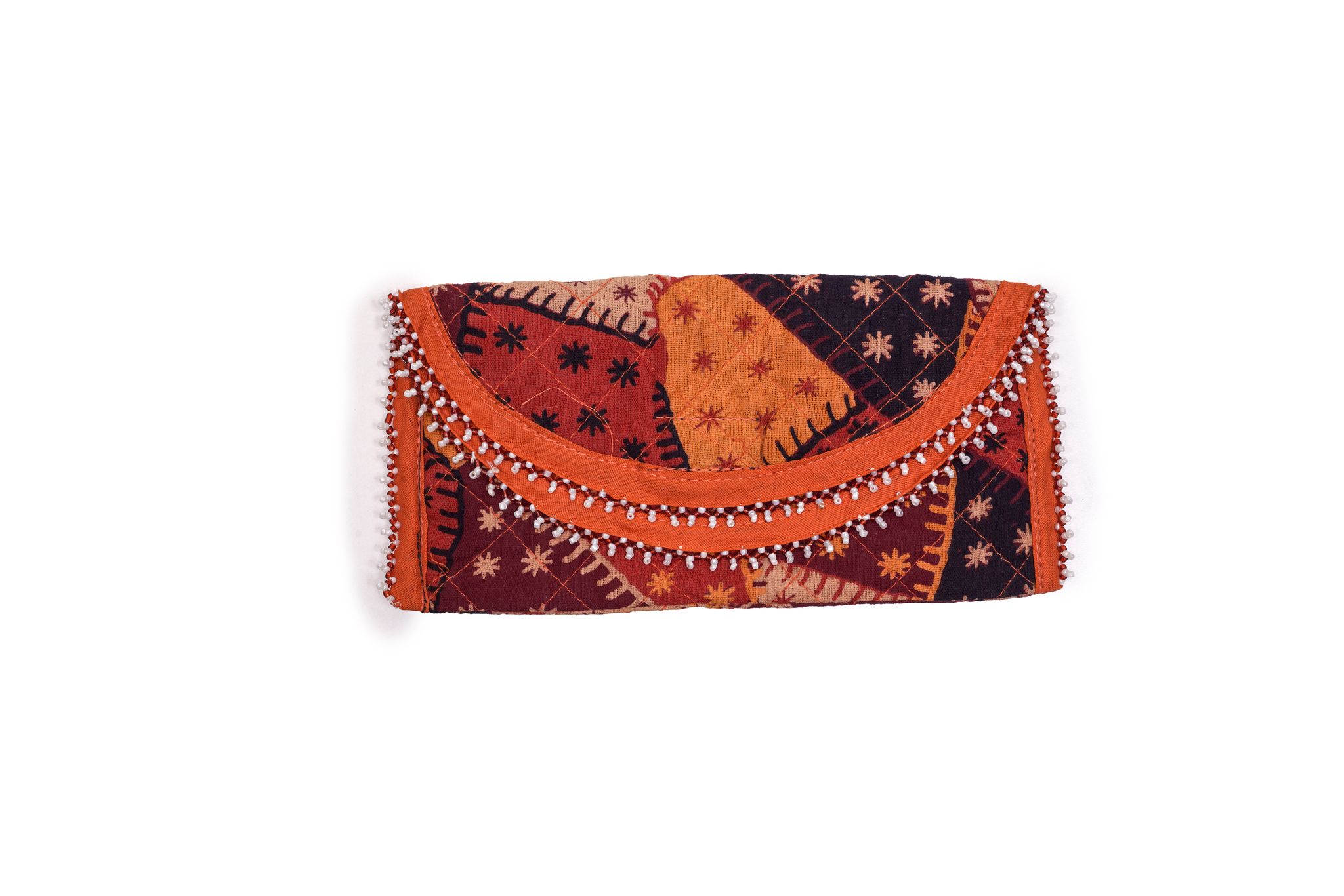 3 Fold Handmade Purse Cotton, Sponge & Bid Work Small Orange with Design (PVTG)
