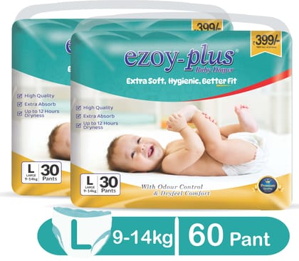EzoyPlus Baby Diapers large size- Extra Soft, Hygienic, Better Fit - 9-14kg (60 Pants)pack of 2