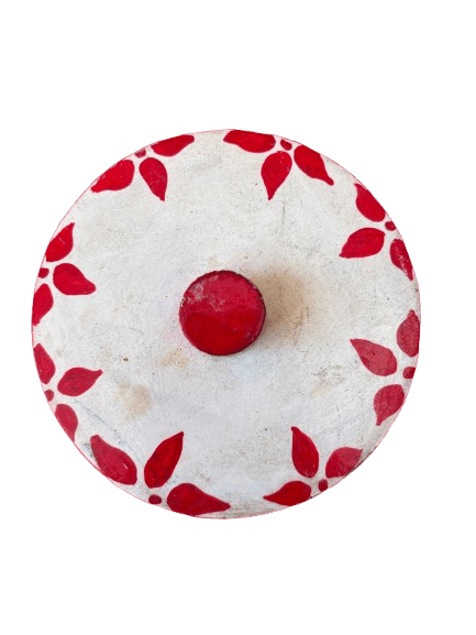 Hand-Painted Floral Wooden Pot Lid with Red Knob