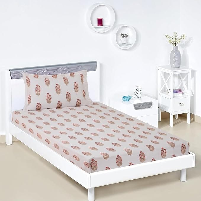 Jaipuri Cotton Single Bedsheet with 1 Pillow Cover, Pink Floral Print, 60x90 Inches
