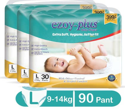 EZOY-PLUS Baby Diapers - Extra Soft, Hygienic, Better Fit - Large (9-14kg) - 3 Packs of 30 Pants (90 Pants )