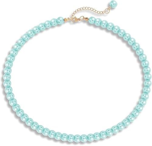 A V FASHION - Pearl Necklace For Girl and Women Sea Green Pearl Necklaces for Women, 8MM Beaded Choker Necklace 1 Layer Beaded Mala Fashion Jewellery