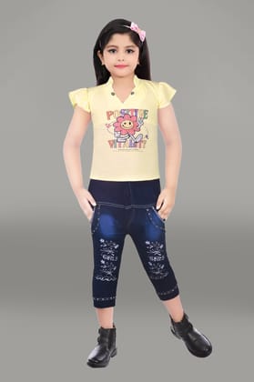 Girls' Summer Outfit Set: Yellow T-Shirt with Positive Vibes Graphic and Blue Denim Jeans with Embroidered Detailing Girls' Summer Outfit Set: Yellow T-Shirt with Positive Vibes Graphic and Blue Denim Jeans with Embroidered Detailing