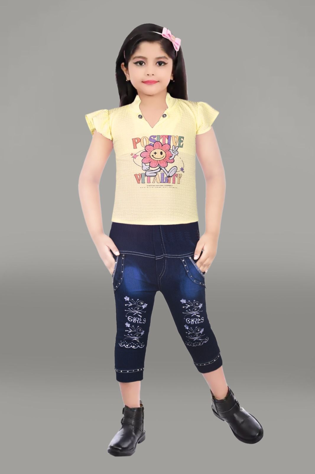  Girls' Summer Outfit Set: Yellow T-Shirt with Positive Vibes Graphic and Blue Denim Jeans with Embroidered Detailing