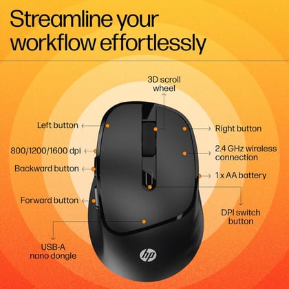 HP M120 Wireless Mouse, USB-A Nano Dongle, 2.4 Ghz Wireless Connection, 6 Buttons, Up to 1600 Dpi, Optical Sensor, Ergonomic Design, 12-Month Battery Life, 3-Year Warranty