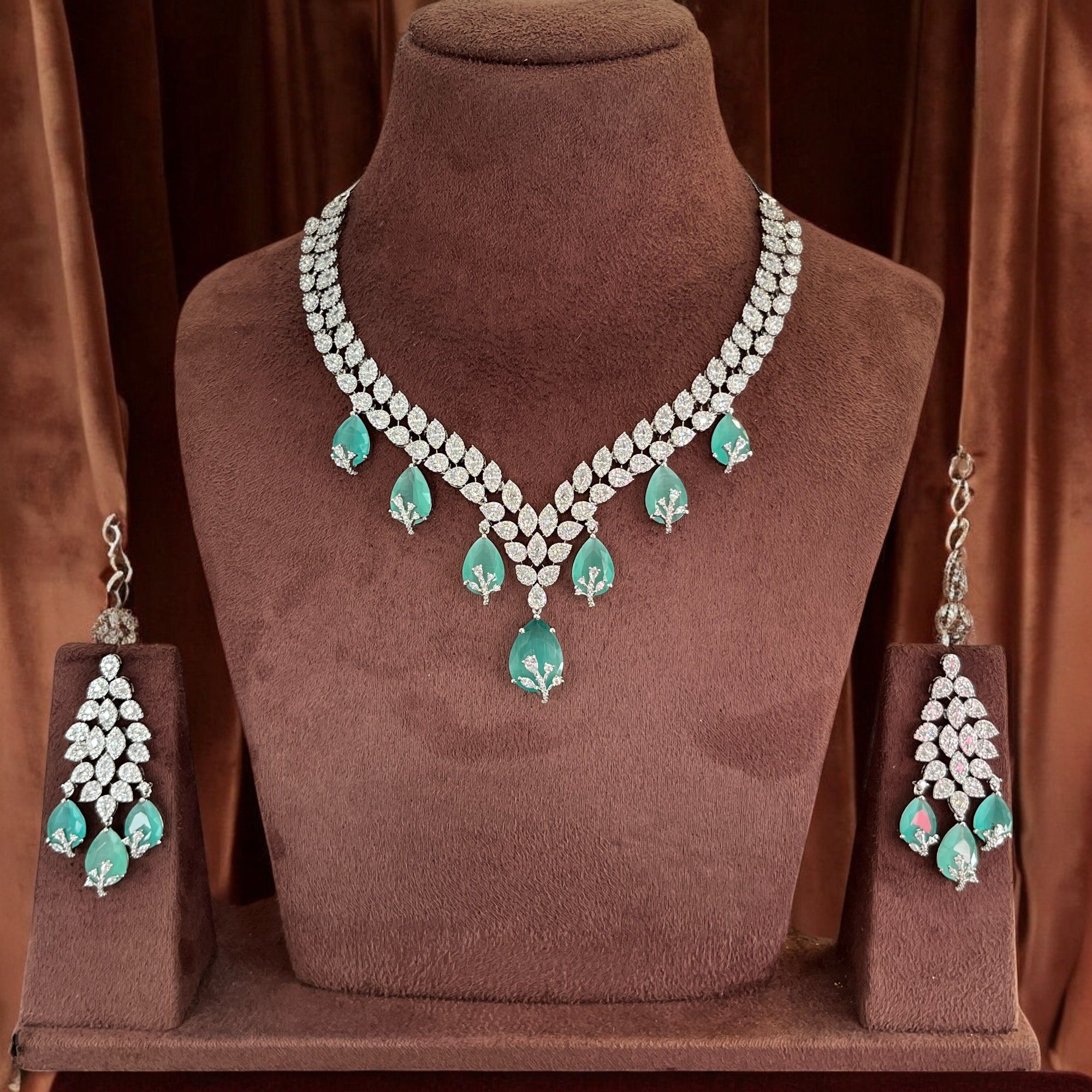 American Diamond and Emerald Necklace Set By Dia Art Jewels
