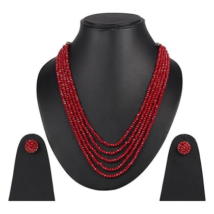 Manbhar Gems - Crystal Gemstone Beads Necklace Set for girl and Women 5 layer Mala With Stud Earring stylish Mehroon  Red traditional Beaded Fashion jewellery