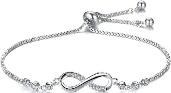 925 Sterling Silver Infinity Bracelet for Women, Adjustable Chain with Cubic Zirconia, Infinity Symbol Jewelry for Her