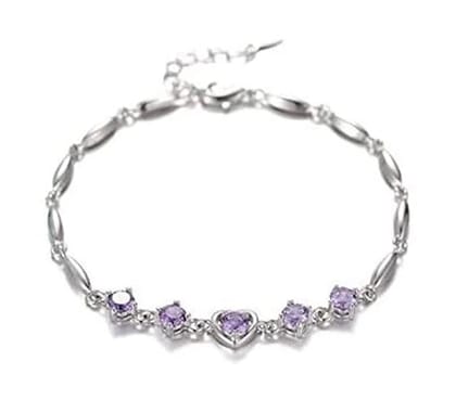 "Stunning Silver Bracelet with Purple Heart-Shaped Crystals" "Stunning Silver Bracelet with Purple Heart-Shaped Crystals"