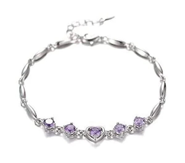 "Stunning Silver Bracelet with Purple Heart-Shaped Crystals"