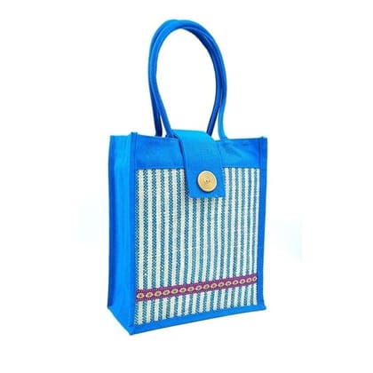 SS Eco-Life Trendy Vertical Jute Handbag for Young Girls – Eco-Friendly Casual Tote. For School, College, Casual Outing & Shopping. Aqua Blue Strip Line.