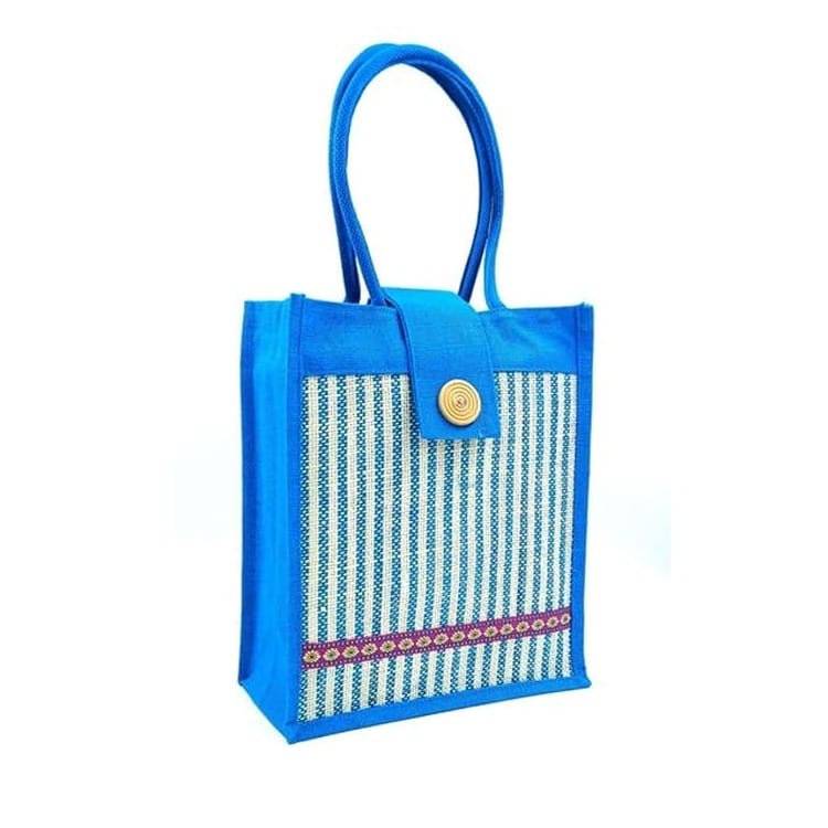SS Eco-Life Trendy Vertical Jute Handbag for Young Girls – Eco-Friendly Casual Tote. For School, College, Casual Outing & Shopping. Aqua Blue Strip Line.
