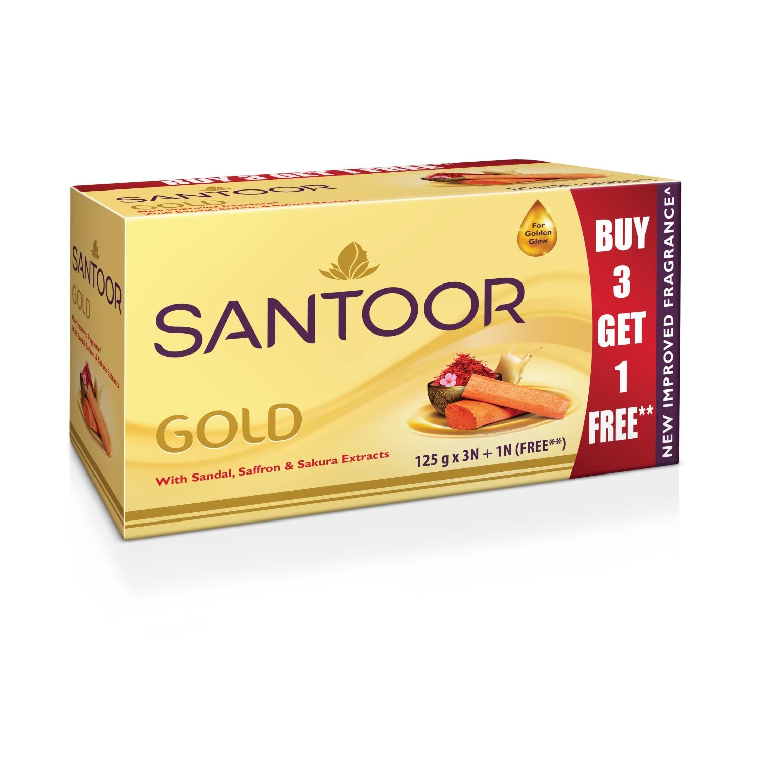 Santoor Gold Bathing Bar Soap With Kashmiri Saffron, Sandal & Sakura Extracts For Soft & Younger, Looking Skin For All Skin Types (125G, Pack Of 4)