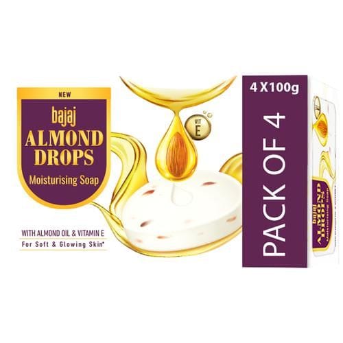 Bajaj Almond Drops Moisturising Soap, Almond Oil & Vitamin E, For Soft & Glowing Skin, 100 G (Pack Of 4)