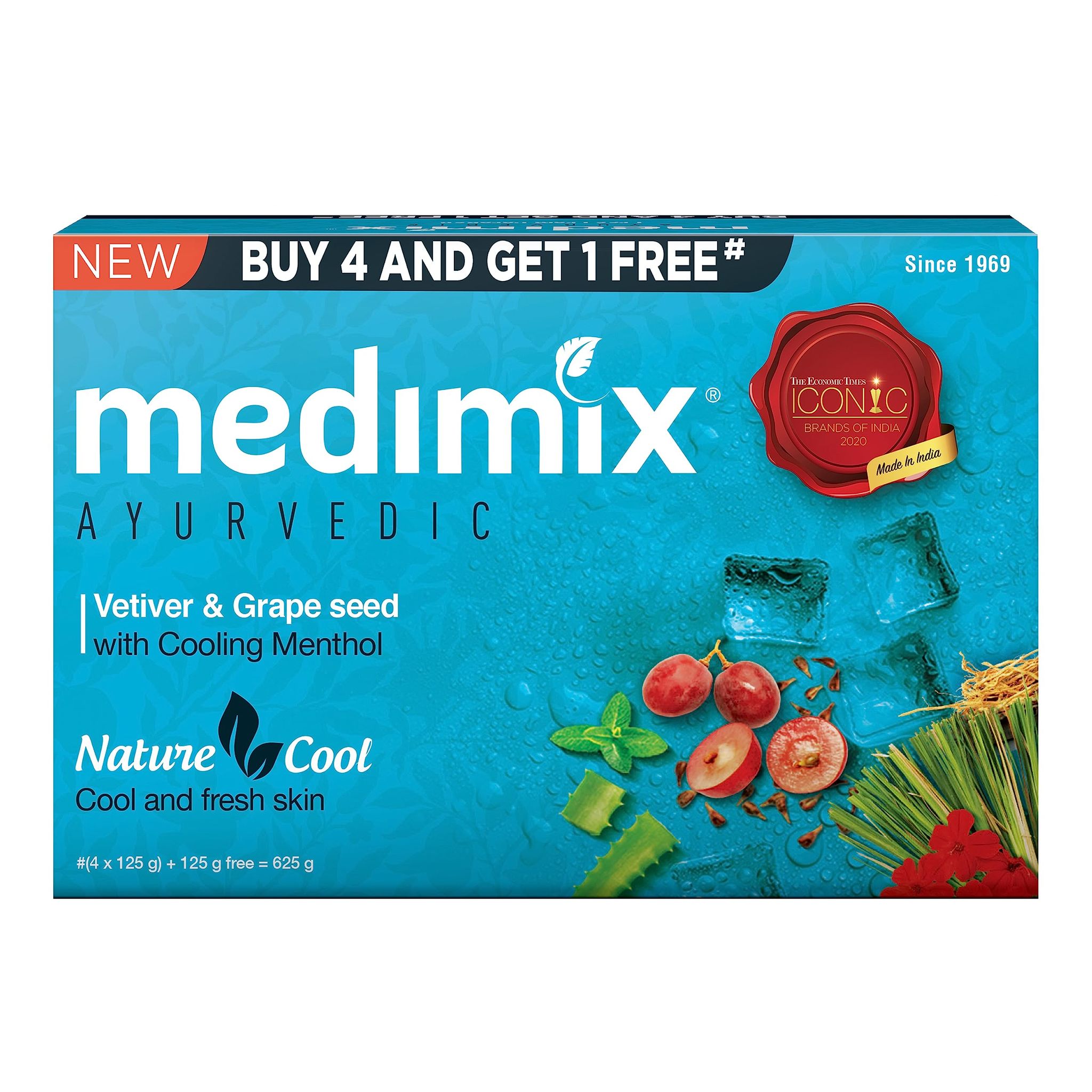 Medimix Ayurvedic Cool Bathing Soap With Men'sthol, Vetiver & Grape Seed 125Gm (Extra Combo Pack)|For Fresh & Protected Skin|Shop Herbal|Natural|Paraben, Free & Sulphate, Free|100% Vegan, Pack Of 5