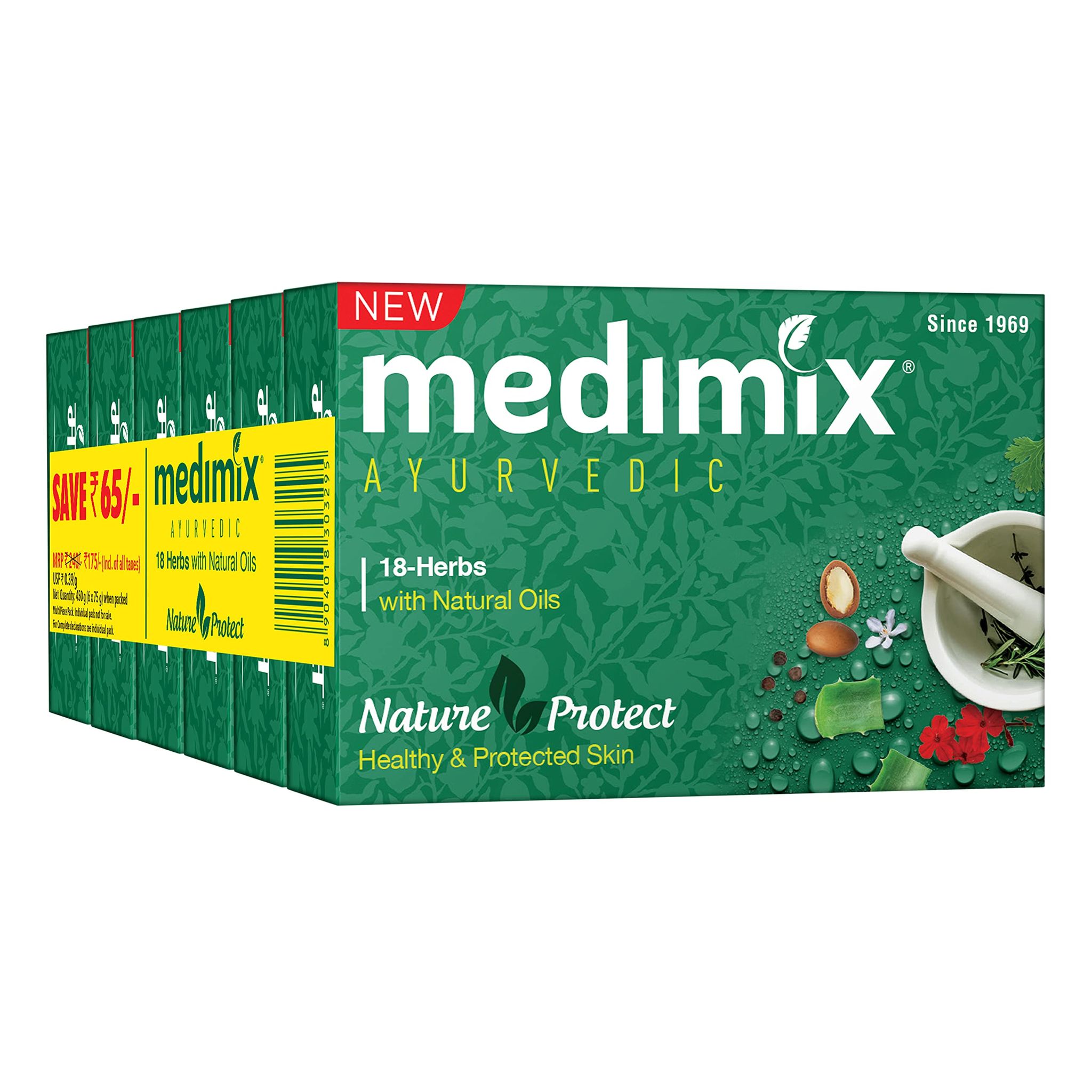 Medimix Ayurvedic Classic 18 Herbs Bathing Soap 75G (Buy 5 Get 1 Extra Combo Pack), Natural Oils For Healthy & Protected Skin, Shop Herbal, Natural, Paraben, Free & Sulphate, Free, 100% Vegan