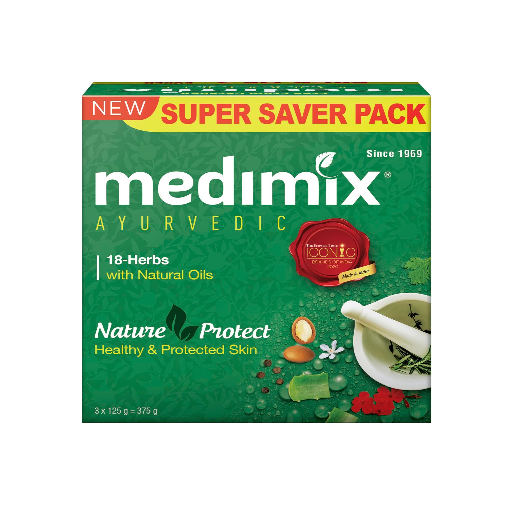 Medimix Ayurvedic Classic 18 Herbs Bathing Soap 125G (Combo Pack Of 3), Natural Oils For Healthy & Protected Skin, Shop Herbal, Natural, Paraben, Free & Sulphate, Free, 100% Vegan