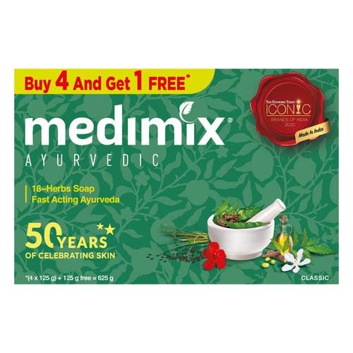 Medimix Ayurvedic Bathing Soap With 18 Herbs, Effective For Skin Problems, Handmade, 125 G Buy 4 Get 1 Free