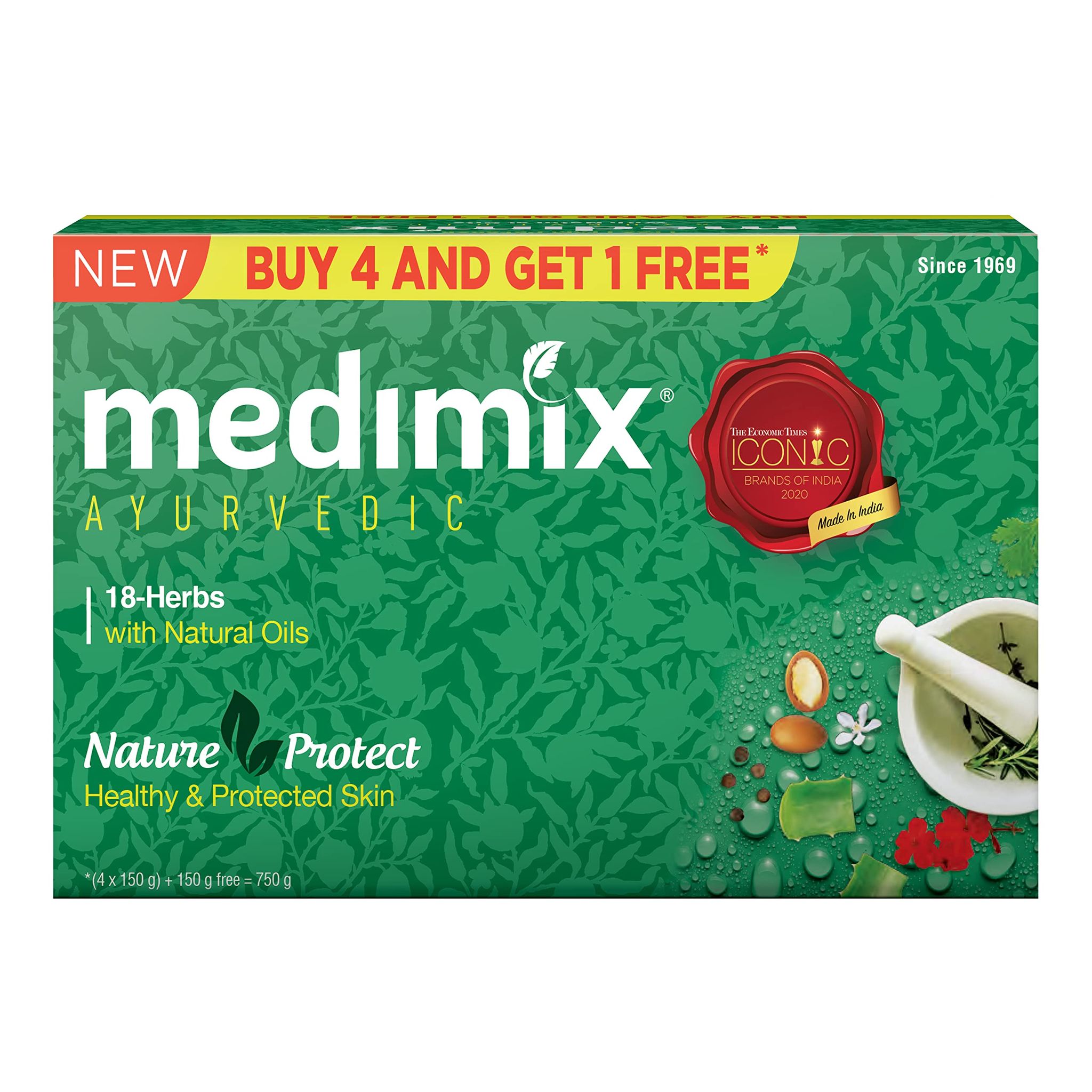 Medimix Ayurvedic Classic 18 Herbs Bathing Soap 150G (Buy 4 Get 1 Extra Combo Pack), Natural Oils For Healthy & Protected Skin, Shop Herbal, Natural, Paraben, Free & Sulphate, Free, 100% Vegan
