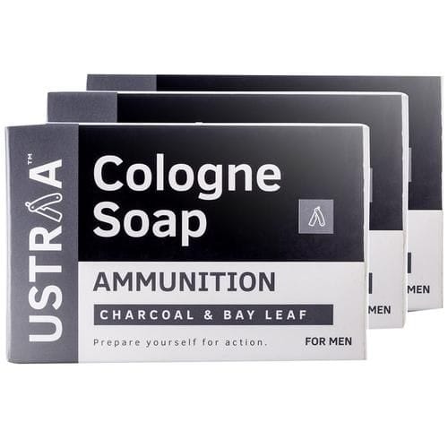 Ustraa Ammunition Cologne Soap, For Men, Anti, Bacterial, With Charcoal & Bay Leaf, 125 G (Pack Of 3)