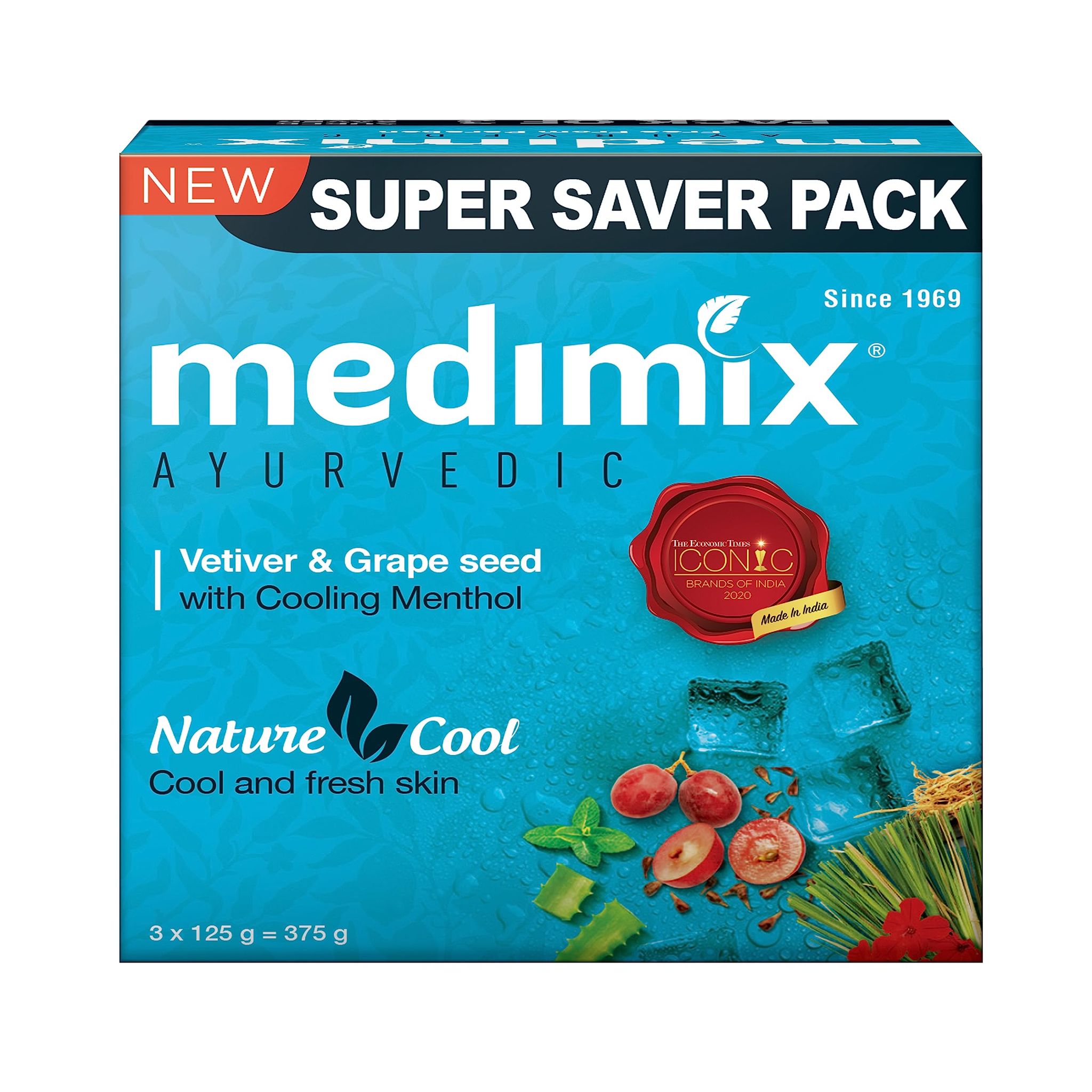 Medimix Ayurvedic Cool Bathing Soap With Men'sthol, Vetiver & Grape Seed 125G (Extra Combo Pack)|For Fresh & Protected Skin|Shop Herbal|Natural|Paraben, Free & Sulphate, Free|100% Vegan, Pack Of 4