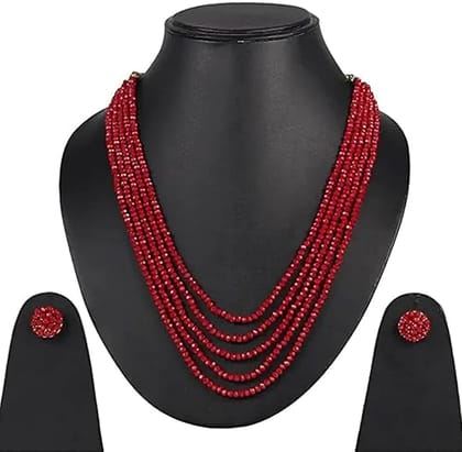 A V FASHION - **Red Beaded Necklace and Earring Set** Gemstone Beads Necklace 5 Layer Multistrand Round Faceted Stylish Mala For Girl and Women Fashion Jewellery (Maroon) A V FASHION - **Red Beaded Necklace and Earring Set** Gemstone Beads Necklace 5 Layer Multistrand Round Faceted Stylish Mala For Girl and Women Fashion Jewellery (Maroon)