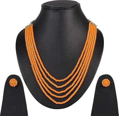 AV Fashion India - Semi Precious **Orange Beads Traditional Necklace Set Crystal Gemstone Round Faceted 4Mm Beads Necklace With Stud Earring 5 Layer 16" Long Yellow Color Mala For Girl And Women Fashion Jewellery AV Fashion India - Semi Precious **Orange Beads Traditional Necklace Set Crystal Gemstone Round Faceted 4Mm Beads Necklace With Stud Earring 5 Layer 16" Long Yellow Color Mala For Girl And Women Fashion Jewellery