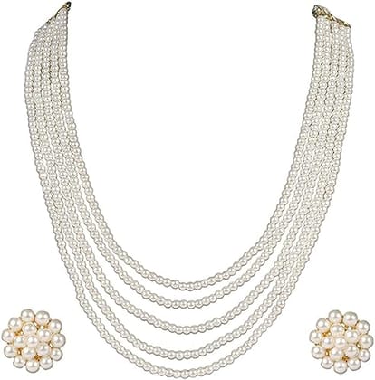 A V FASHION INDIA - Semi Precious Pearl Beads Necklace White Color 5 Layer Pearl Beaded With Trendy Stud Earring For Women And Girl White Color Traditional 16 Inch Long Necklace Fashion Jewellery A V FASHION INDIA - Semi Precious Pearl Beads Necklace White Color 5 Layer Pearl Beaded With Trendy Stud Earring For Women And Girl White Color Traditional 16 Inch Long Necklace Fashion Jewellery
