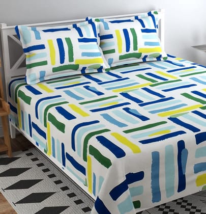 210 TC Cotton Feel | Printed Double Size Bedsheet With 2 Pillow Covers - White