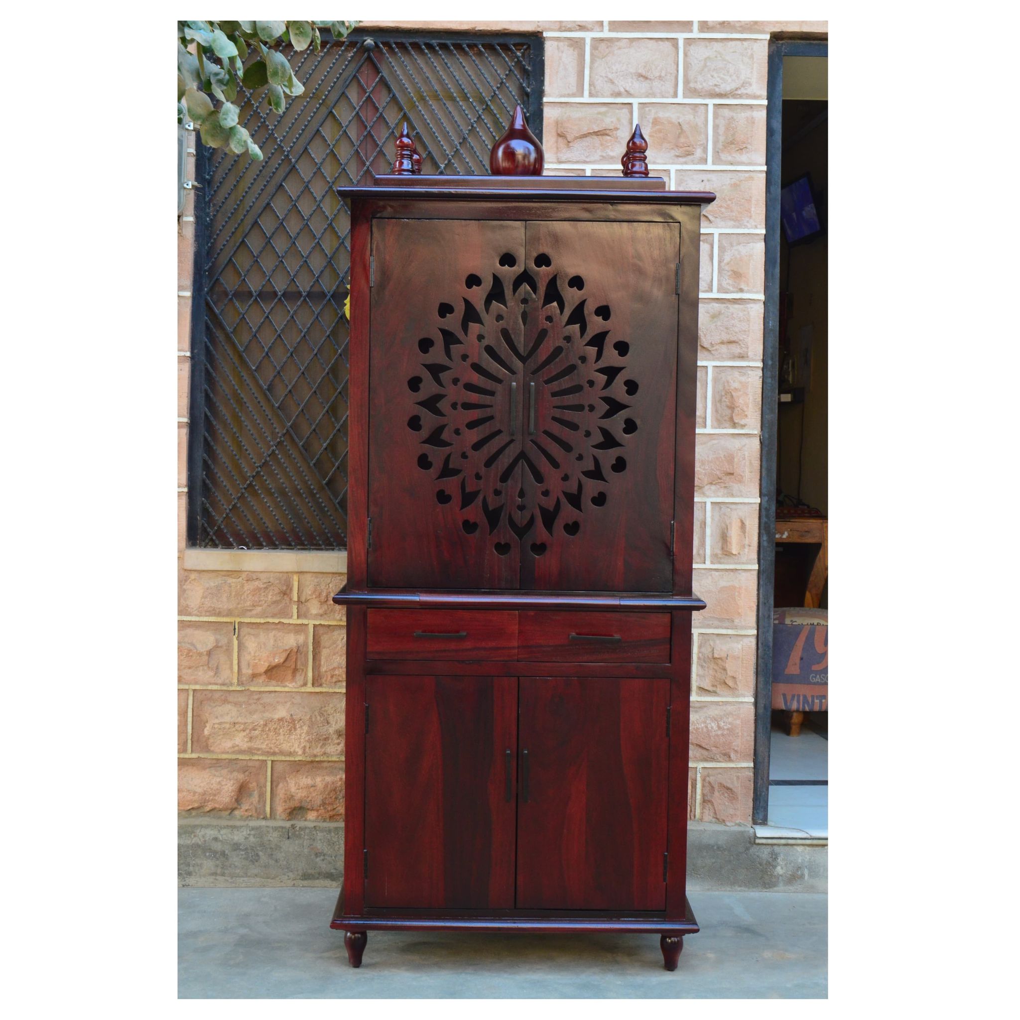 Solid Sheesham Cabinet Wood Mandir for Home | Temple for Home with 2 Doors, One Drawer | Pooja Mandap in Provincial Teak Finish for Home & Office Furniture - 1 Piece