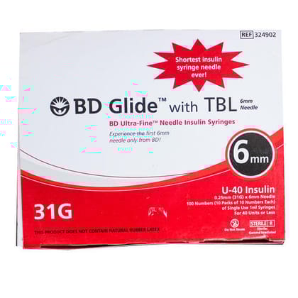 BD Glide Ultra-Fine Insulin Syringes 1ML U-40 31G x 6mm, 100 count (10 Packets of 10 syringes)