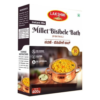Lakshmi Fresh Foxtail Millet Bisibele Bath – 400g | Instant, Ready-to-Cook & Gluten-Free | Healthy Millet Meal Lakshmi Fresh Foxtail Millet Bisibele Bath – 400g | Instant, Ready-to-Cook & Gluten-Free | Healthy Millet Meal