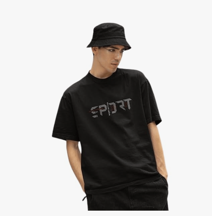 Men's Black Oversized T-Shirt with Rhinestone Embroidered "SPORT" Logo