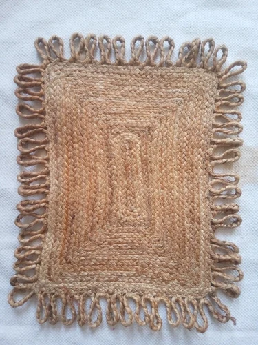 Handwoven Natural Jute Rug with Fringe Border - Eco-Friendly and Durable Doormat for Home Decor