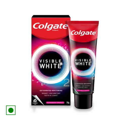 Colgate Visible White O2 Toothpaste Active Oxygen Technology, Whitens Teeth, Peppermint Sparkle,, 50 gm Tube
