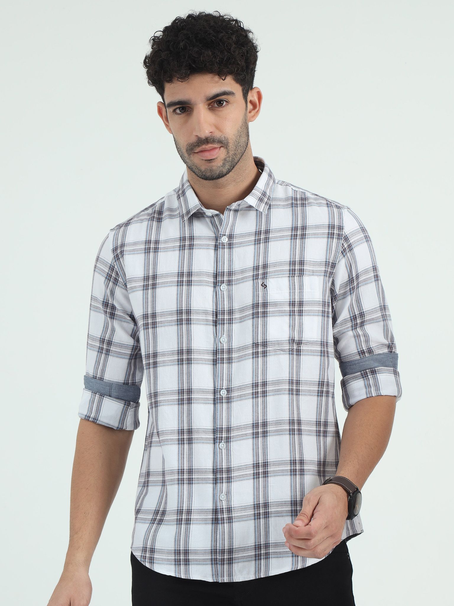 Classic Polo Men's Polo Neck Cotton White Slim Fit Checked Shirt | SO2-13 A-FS-CHK-SF