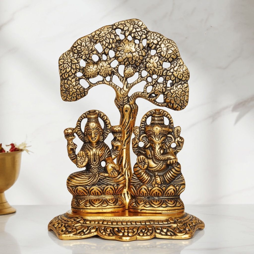 Aluminium Laxmi Ganesh Tree Gold Plated Idol | Divine Diwali Puja Statue for Home Mandir, Height : 6.7 Inch (ASMAS089 G)