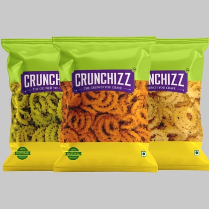CRUNCHIZZ - 3 in 1 SPRING CHAKLI/MURUKKU COMBO I Spicy, Salty & Palak Flavors I Traditional South Indian Recipe I No Artificial Additives I Authentic & Crunchy I 200 Gram Each I Total 600 Grams CRUNCHIZZ - 3 in 1 SPRING CHAKLI/MURUKKU COMBO I Spicy, Salty & Palak Flavors I Traditional South Indian Recipe I No Artificial Additives I Authentic & Crunchy I 200 Gram Each I Total 600 Grams