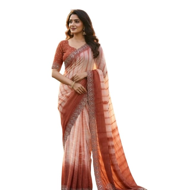 Generic Women's Georgette Striped Saree with Unstitched Blouse Piece, Soft Lightweight 5.5 m Sari for Daily, Office and Casual Wear (Peach, Design 67611)