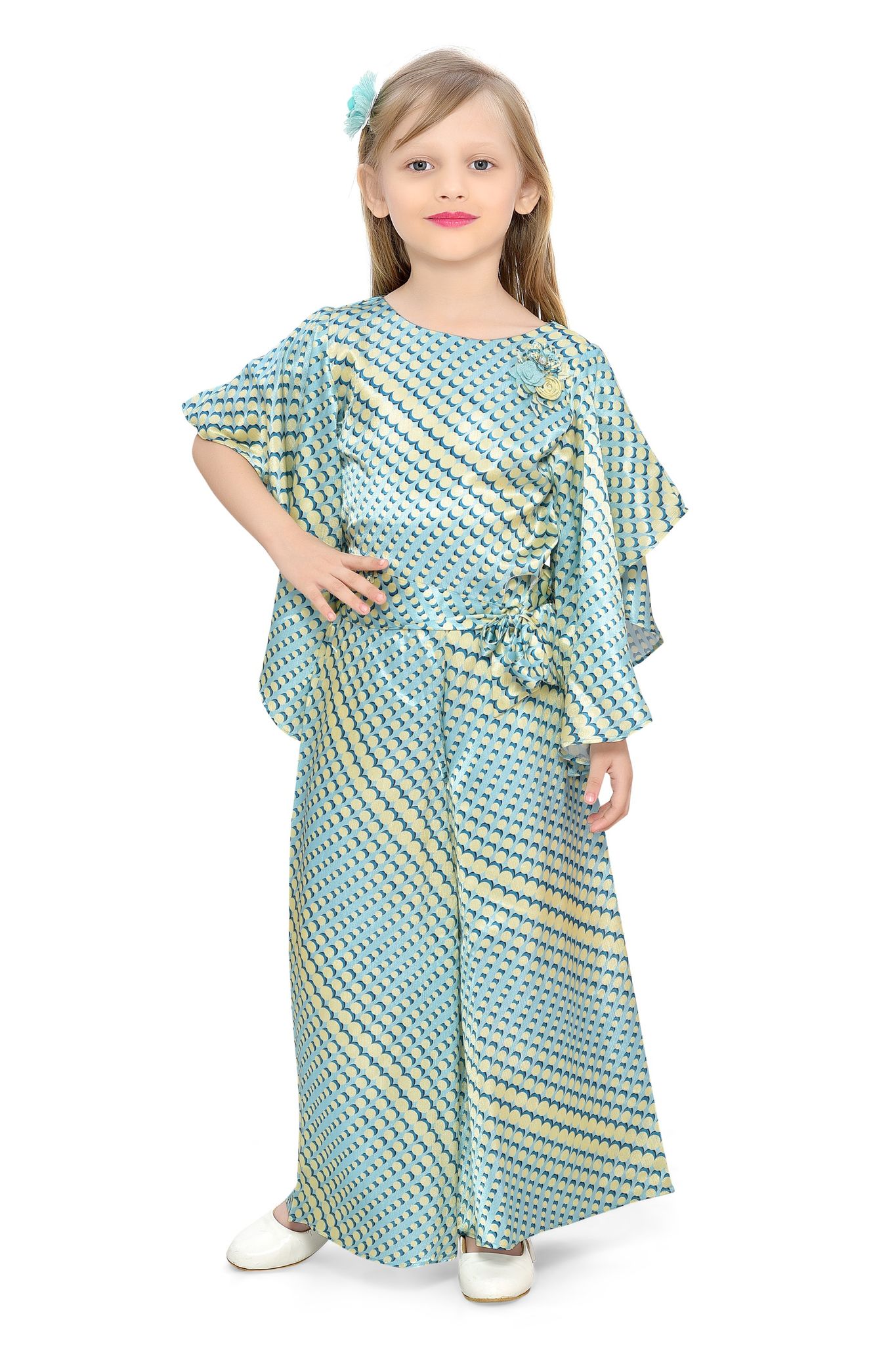 Be:Kids Green and Yellow Geometric Print Top and Palazzo Pants Set