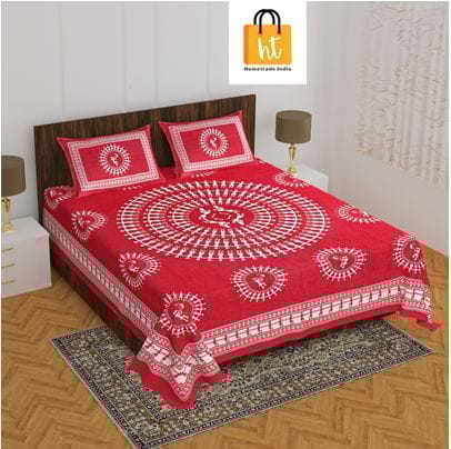 3001-Hometrade India-Standard King Size (90*108 Inches)-Pure Cotton Jaipuri Double Bedsheet With Matching Pillow Cover